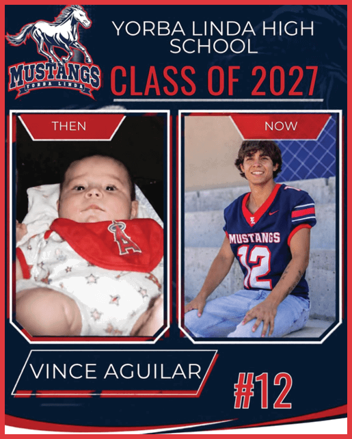 A high school class of 2027 graphic shows a newborn and a smiling person wearing a Mustangs sports jersey with the number 12, labeled Vince Aguilar. Description generated by AI