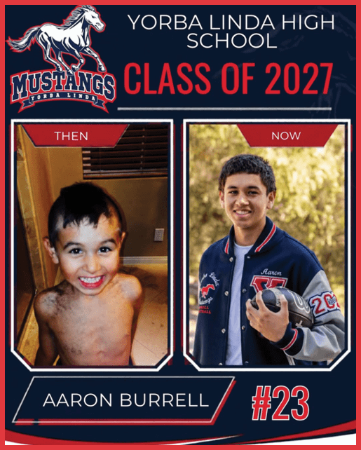 A side-by-side comparison shows a child smiling shirtless labeled “Then" and a smiling adolescent wearing a letterman jacket holding a baseball labeled "Now" with text indicating Yorba Linda High School Class of 2027 and the name Aaron Burrell with the number 23. Description generated by AI
