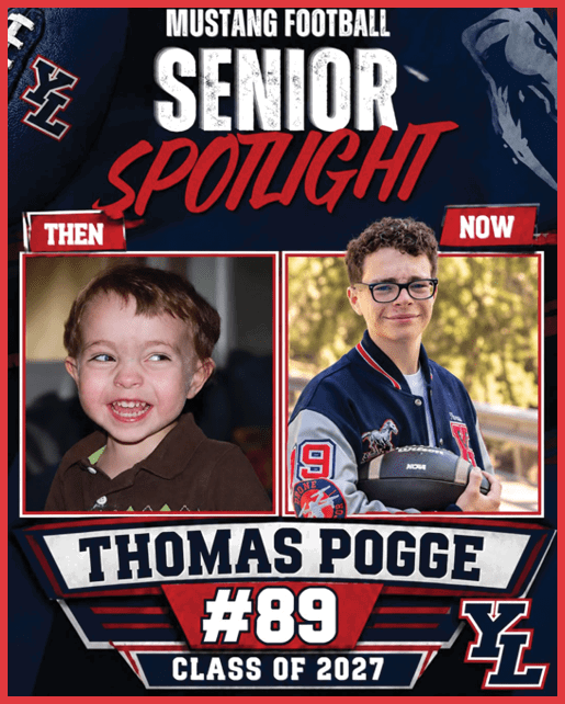 A senior spotlight graphic for Yorba Linda High School Mustang Football features a then-and-now comparison of a person named Thomas Pogge with a childhood photo on the left and a current photo on the right showing the person wearing a letterman jacket and holding a football. Description generated by AI