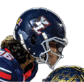 A group of people in football uniforms are lined up on a field facing each other, preparing for a play during a game. Description generated by AI