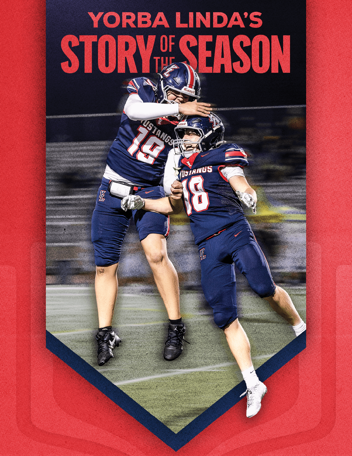 Two people in football uniforms celebrating on a field with the text “Yorba Linda's Story of the Season" above them. Description generated by AI