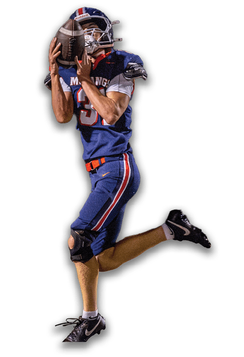 Two people in blue football uniforms are actively engaged in a play, with one person jumping and the other running. Description generated by AI