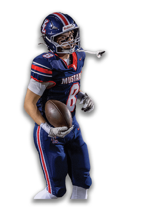 A person wearing a blue football uniform with the word “MUSTANGS" and holding a football is walking or running. Description generated by AI