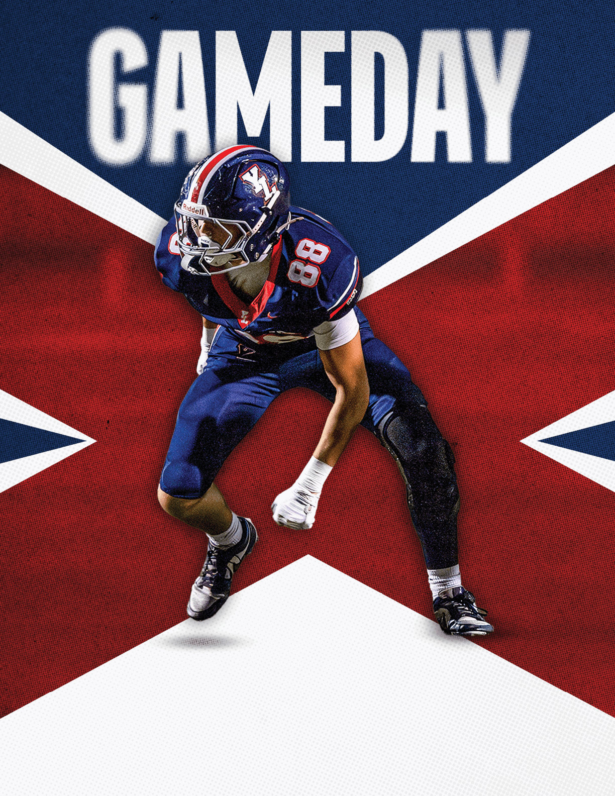 A person in a football uniform and helmet is poised in an athletic stance against a background featuring a large red and white star with the word GAMEDAY above. Description generated by AI