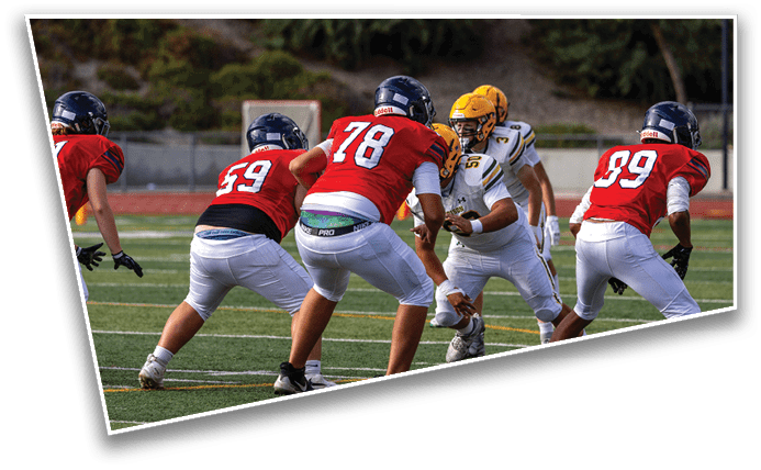 Several people wearing helmets and sports jerseys are positioned on a field with greenery in the background. Description generated by AI