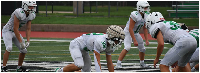 A football player wearing a blue and white uniform. Description generated by AI