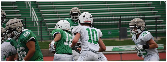 A football player wearing a blue and white uniform. Description generated by AI