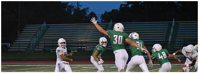 A football player wearing a blue and white uniform. Description generated by AI