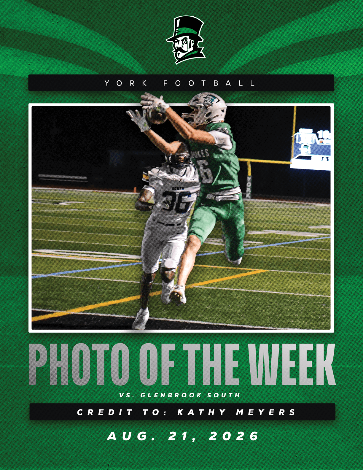 A football player in a green jersey is jumping in the air. Description generated by AI