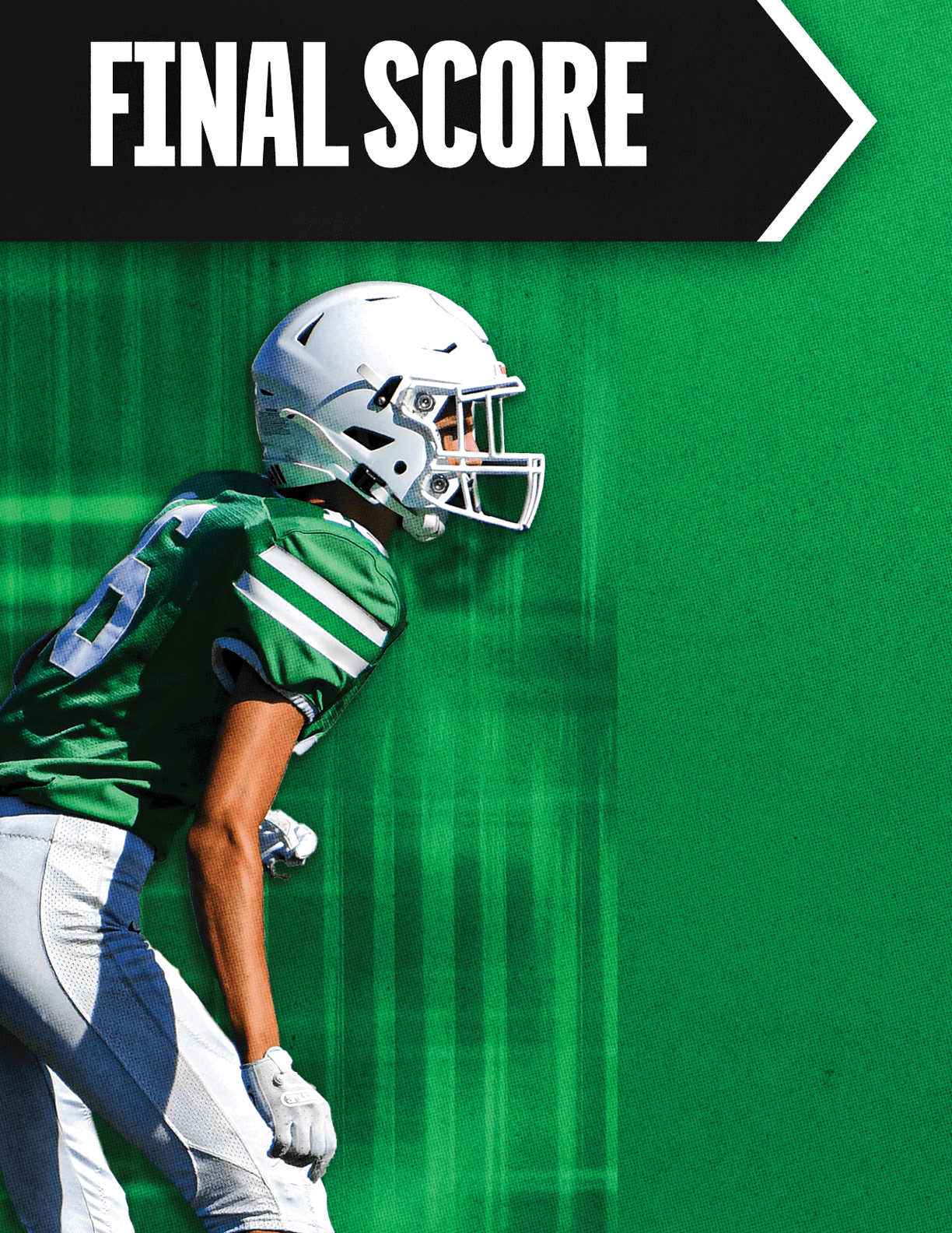 A football player with a white helmet and blue jersey. Description generated by AI