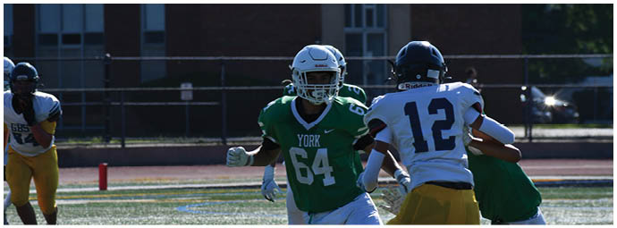 A football player wearing a blue and white uniform. Description generated by AI