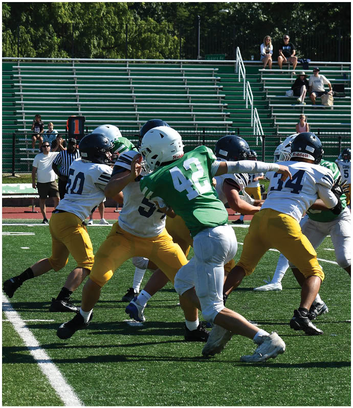 Three football players in blue and white uniforms running on a field. Description generated by AI