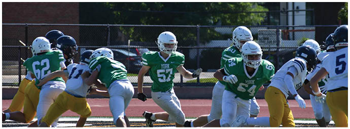 A football player wearing a blue and white uniform. Description generated by AI