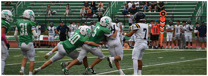 A football player wearing a blue and white uniform. Description generated by AI