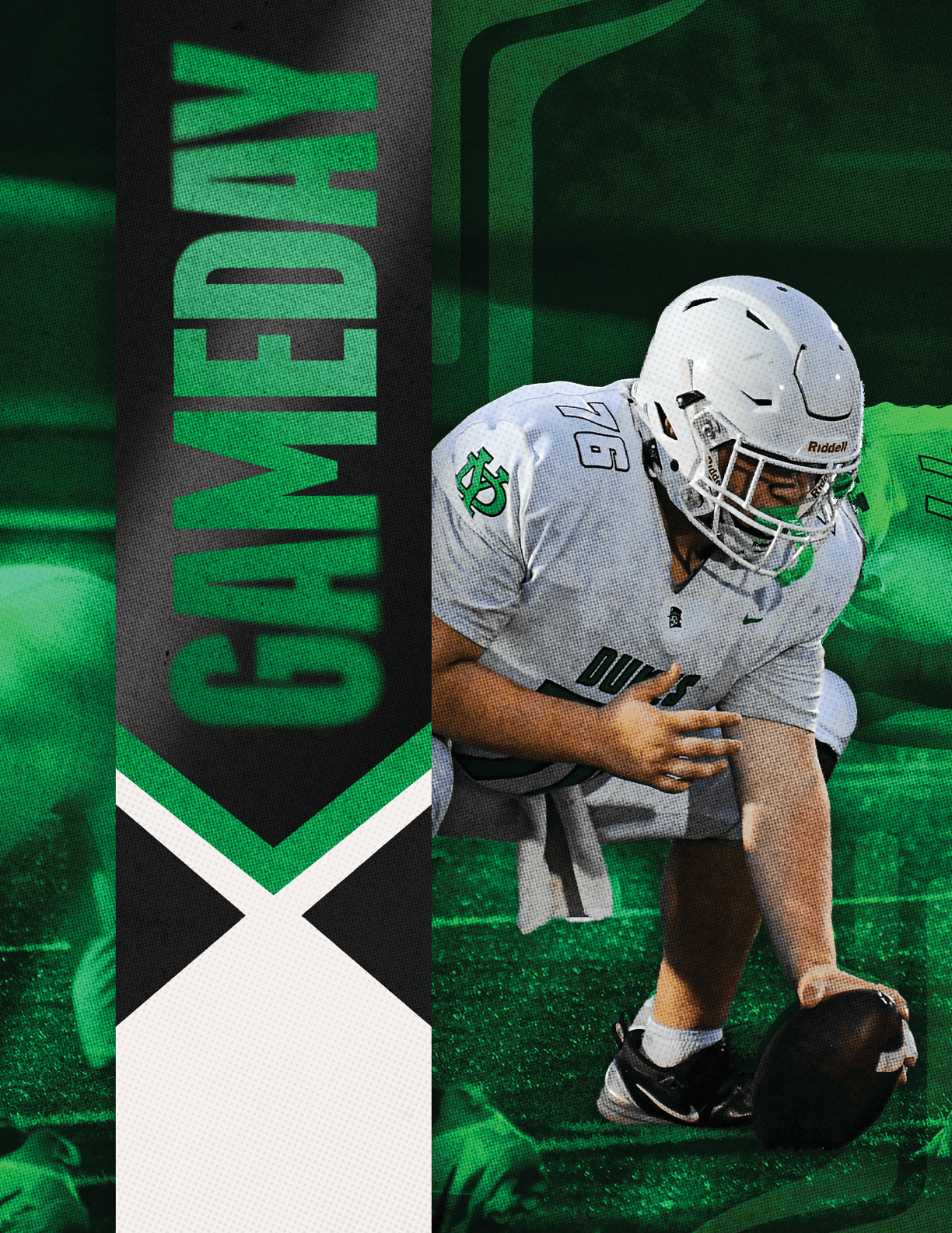 A football player is tackled to the ground. Description generated by AI
