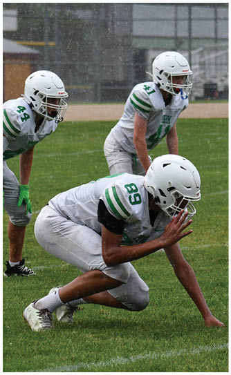 A football player catching a ball. Description generated by AI