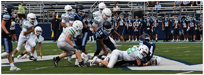 A football player wearing a blue and white uniform. Description generated by AI