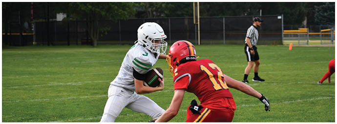 A football player wearing a blue and white uniform. Description generated by AI