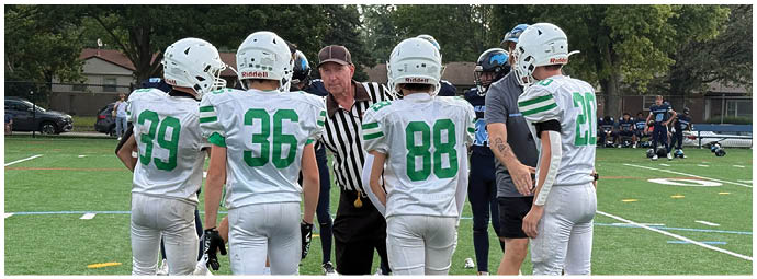 A football player wearing a blue and white uniform. Description generated by AI