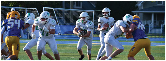 A football player wearing a blue and white uniform. Description generated by AI