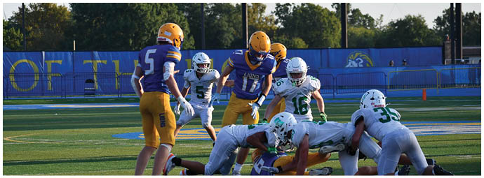 A football player wearing a blue and white uniform. Description generated by AI