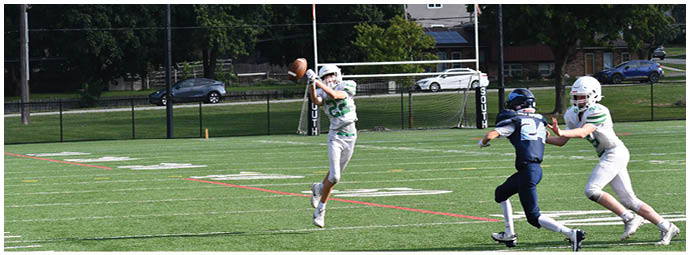 A football player wearing a blue and white uniform. Description generated by AI