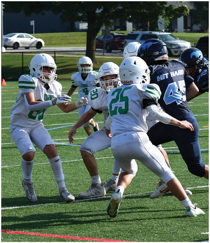 Three football players in blue and white uniforms running on a field. Description generated by AI
