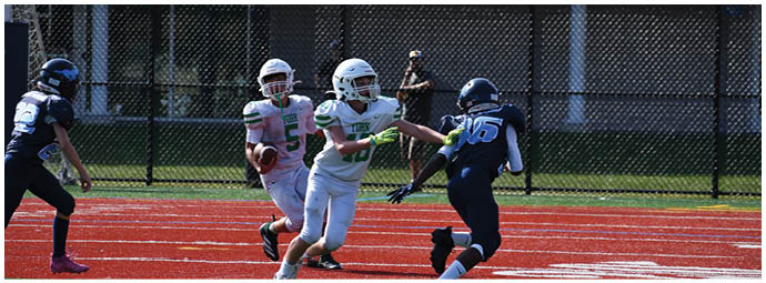 A football player wearing a blue and white uniform. Description generated by AI