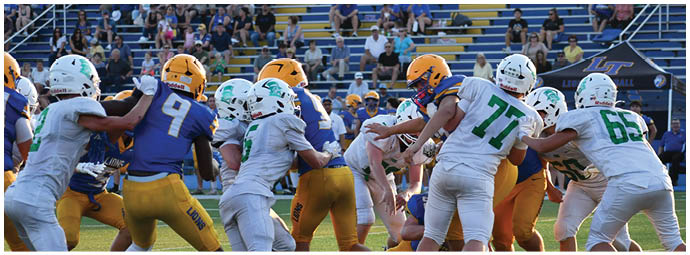 A football player wearing a blue and white uniform. Description generated by AI