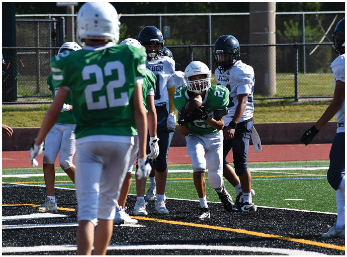 A football player wearing a blue and white uniform. Description generated by AI