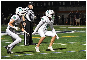 Two football players celebrating on the field. Description generated by AI