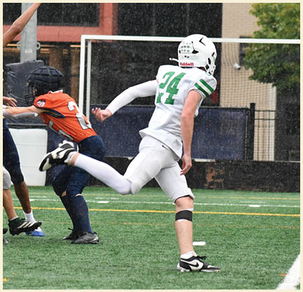 A football player is kicking a football on a field. Description generated by AI