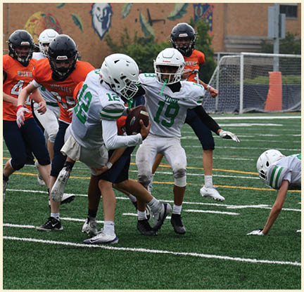 A football player is kicking a football on a field. Description generated by AI