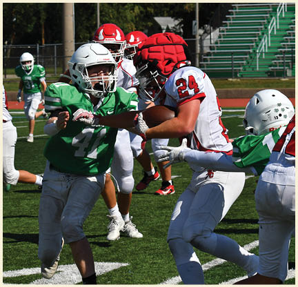 A football player is kicking a football on a field. Description generated by AI