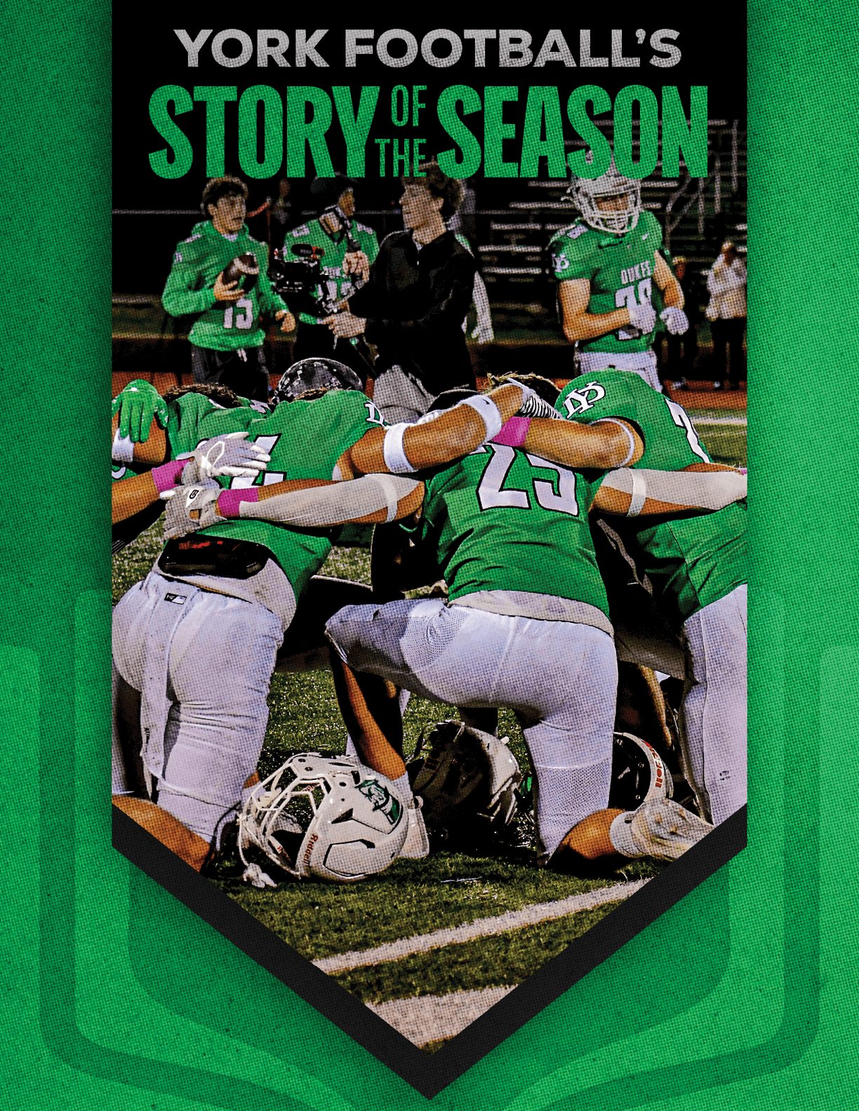 A group of football players huddled together. Description generated by AI