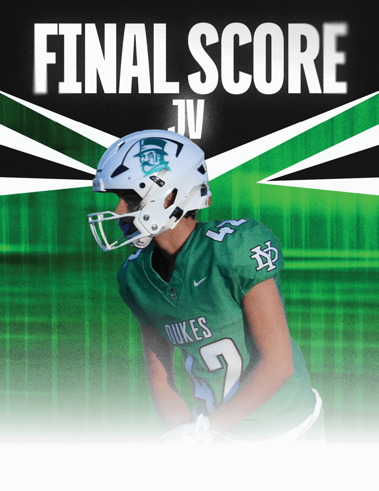 A football player wearing a black helmet with a green ribbon. Description generated by AI