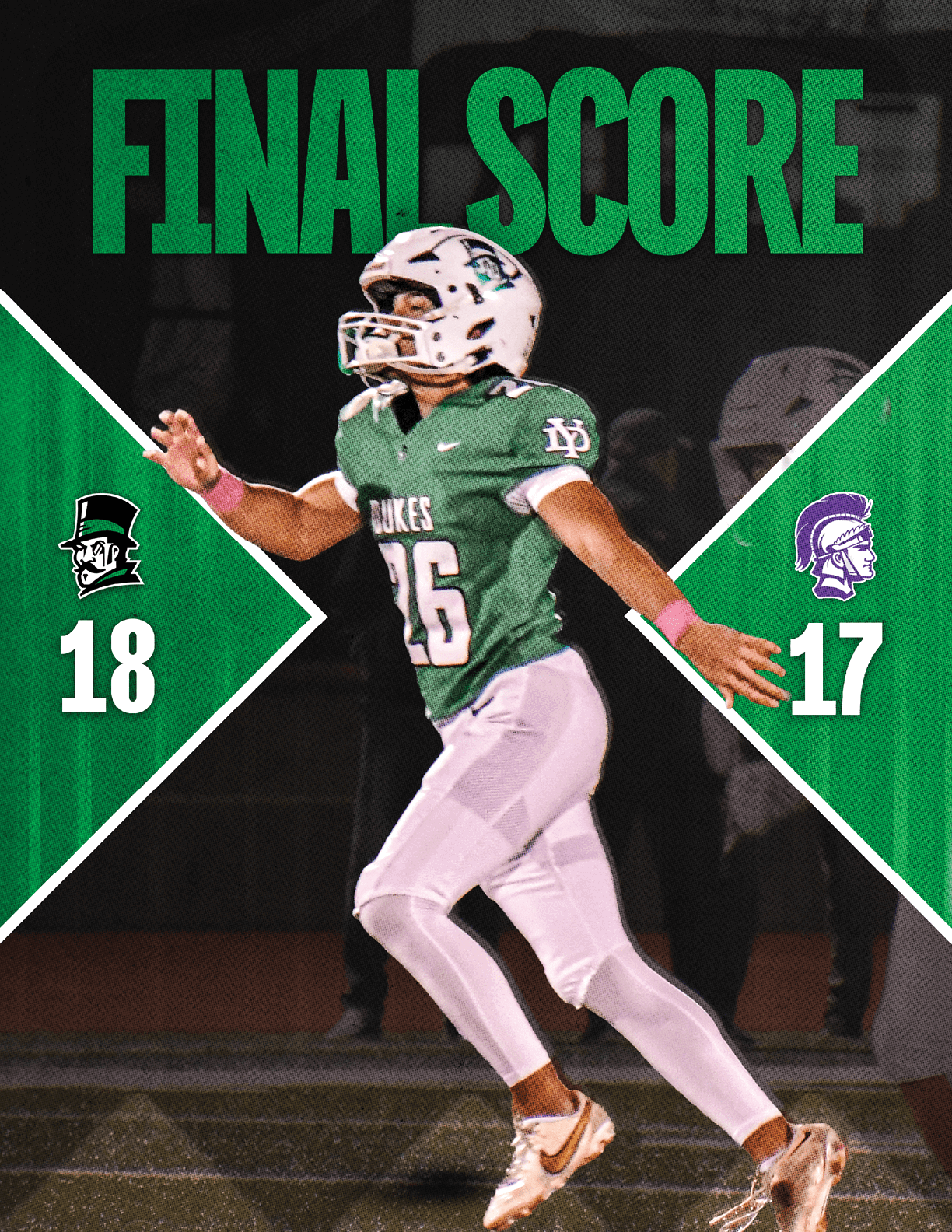 A person in a football uniform celebrating on a field with a final score graphic showing the Wildcats defeating the Cardinals. Description generated by AI