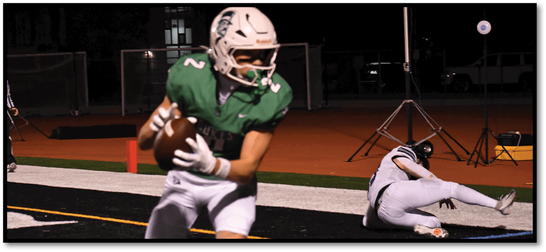 A football player running on the field. Description generated by AI
