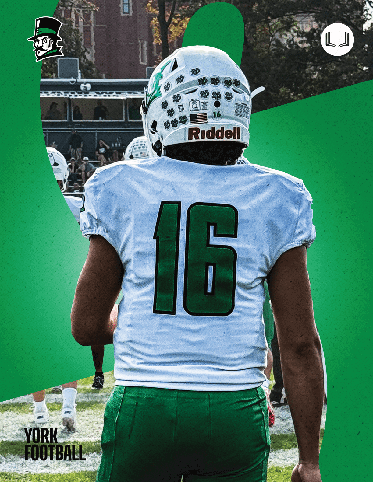 A football player wearing a blue and white uniform. Description generated by AI