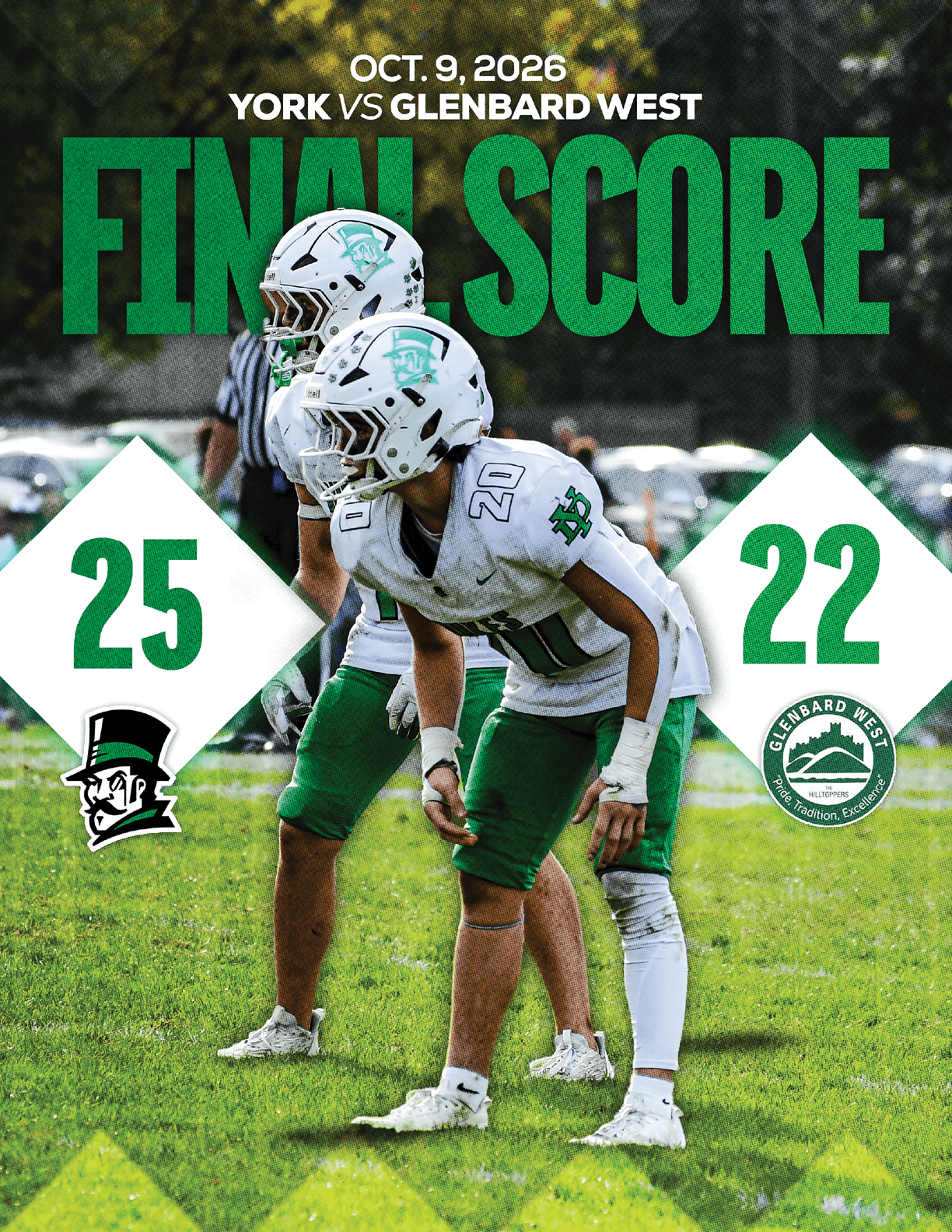 A person in a football uniform celebrating on a field with a final score graphic showing the Wildcats defeating the Cardinals. Description generated by AI