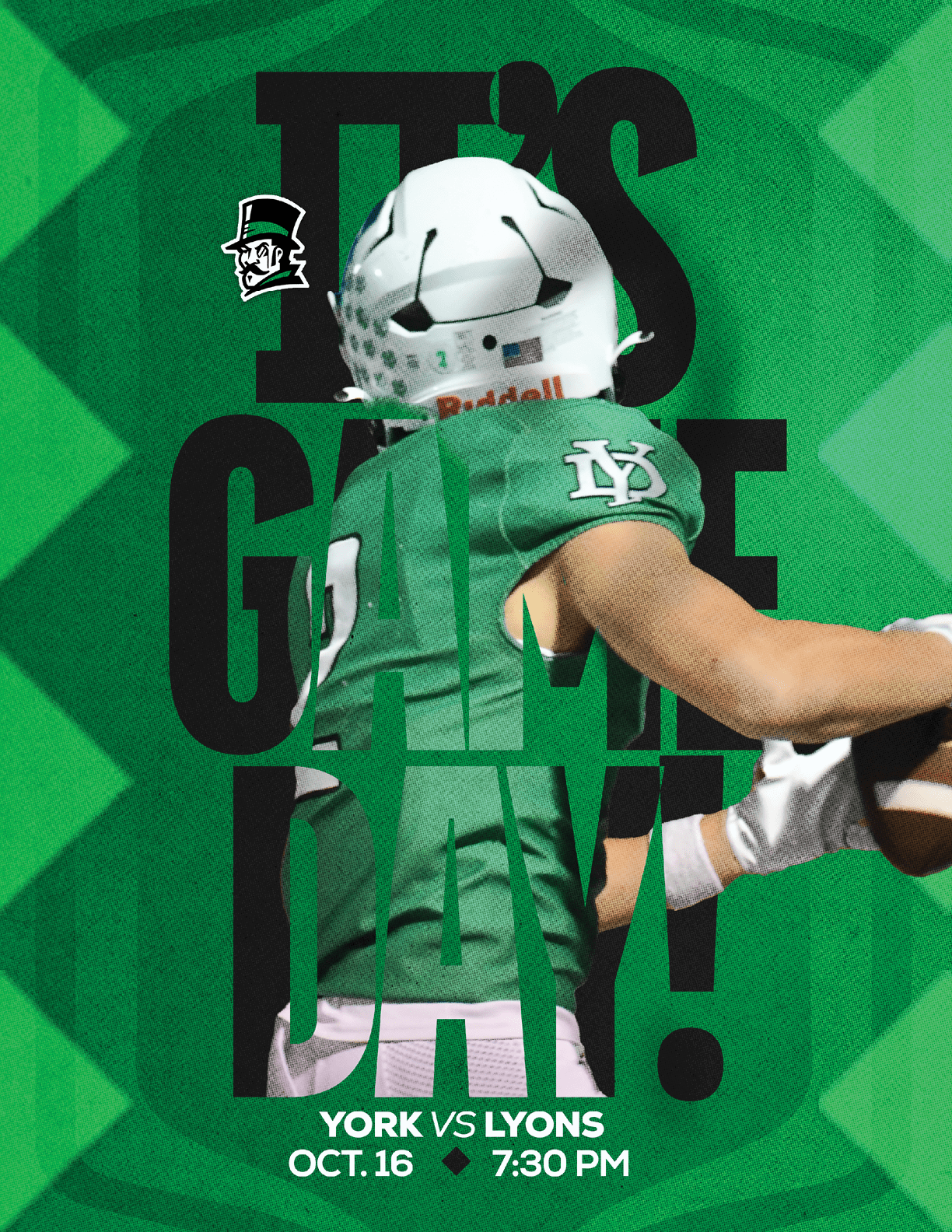 A person in a football uniform and helmet stands against a red background with bold black text reading “It's Game Day" and details about a football game between Estero and Yorbalinda on October 24 at 7 PM. Description generated by AI