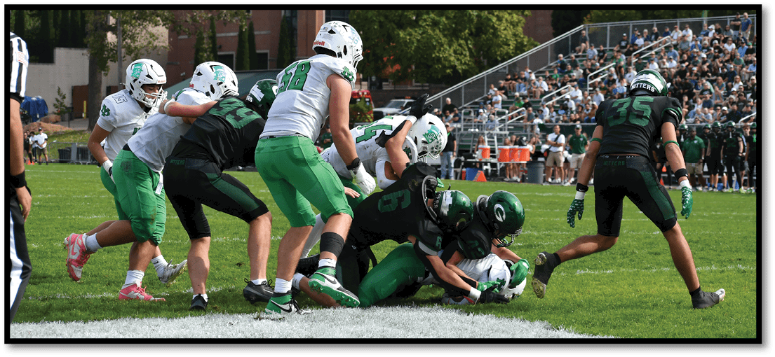 A football player running on the field. Description generated by AI