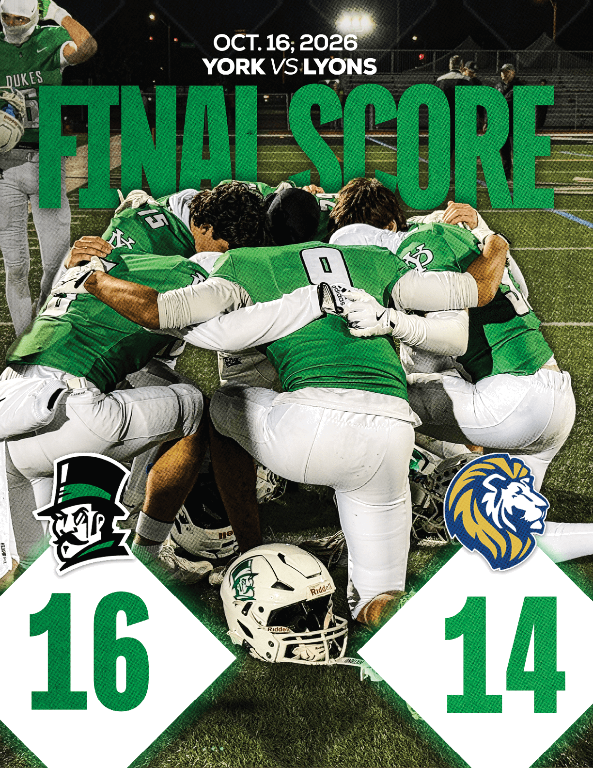 A person in a football uniform celebrating on a field with a final score graphic showing the Wildcats defeating the Cardinals. Description generated by AI