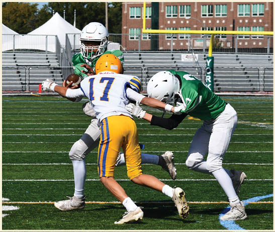 A football player is kicking a football on a field. Description generated by AI