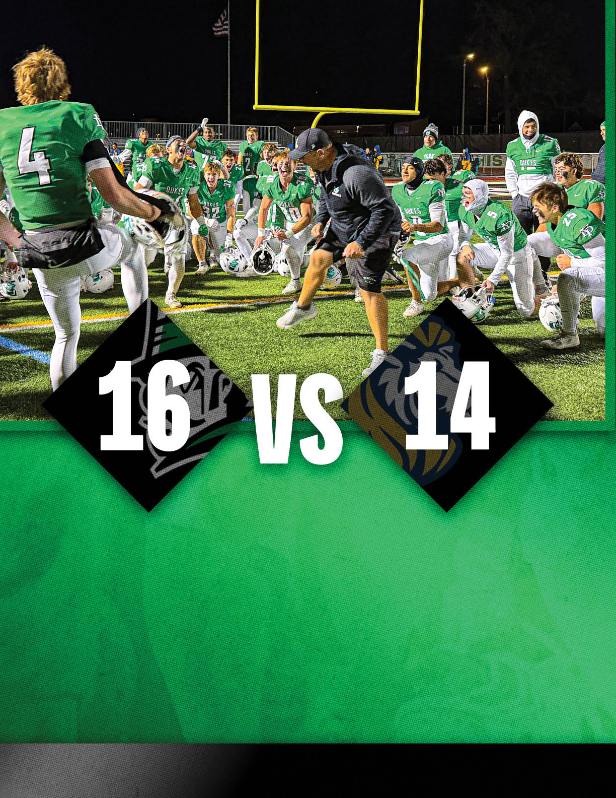 A football player is running with the number 14 on his jersey. Description generated by AI