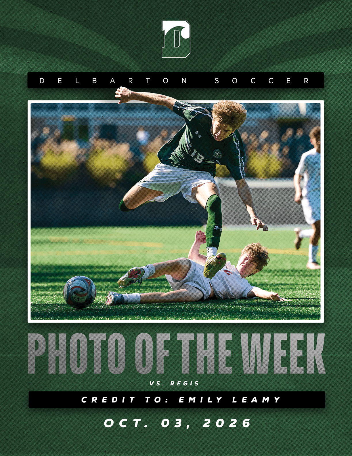A football player in a green jersey is jumping in the air. Description generated by AI