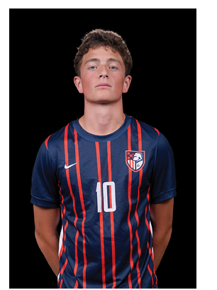 A young man wearing a white and black jersey with the number 14 on it. Description generated by AI