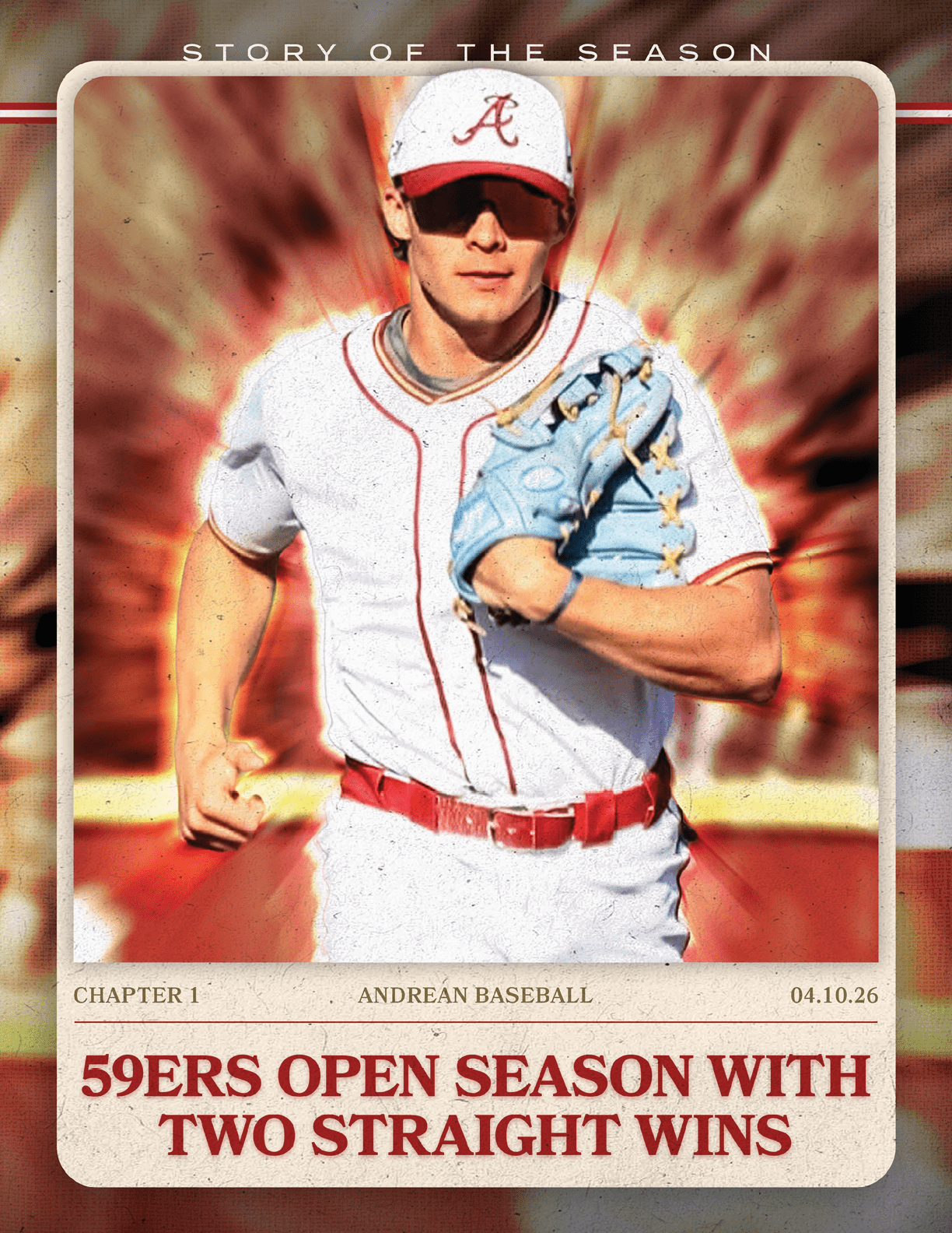 A baseball player wearing a red and white uniform with a blue glove. AI generated content