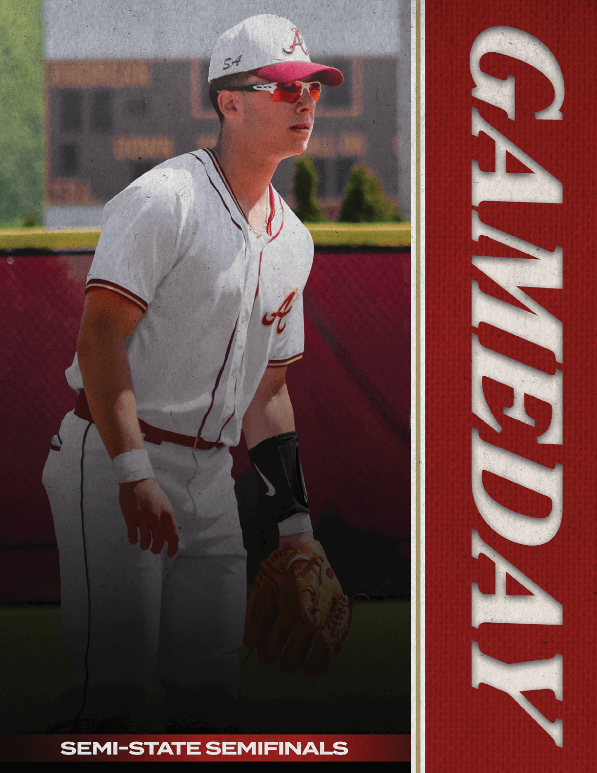 A baseball player wearing a white uniform with red trim and a red cap. Description generated by AI