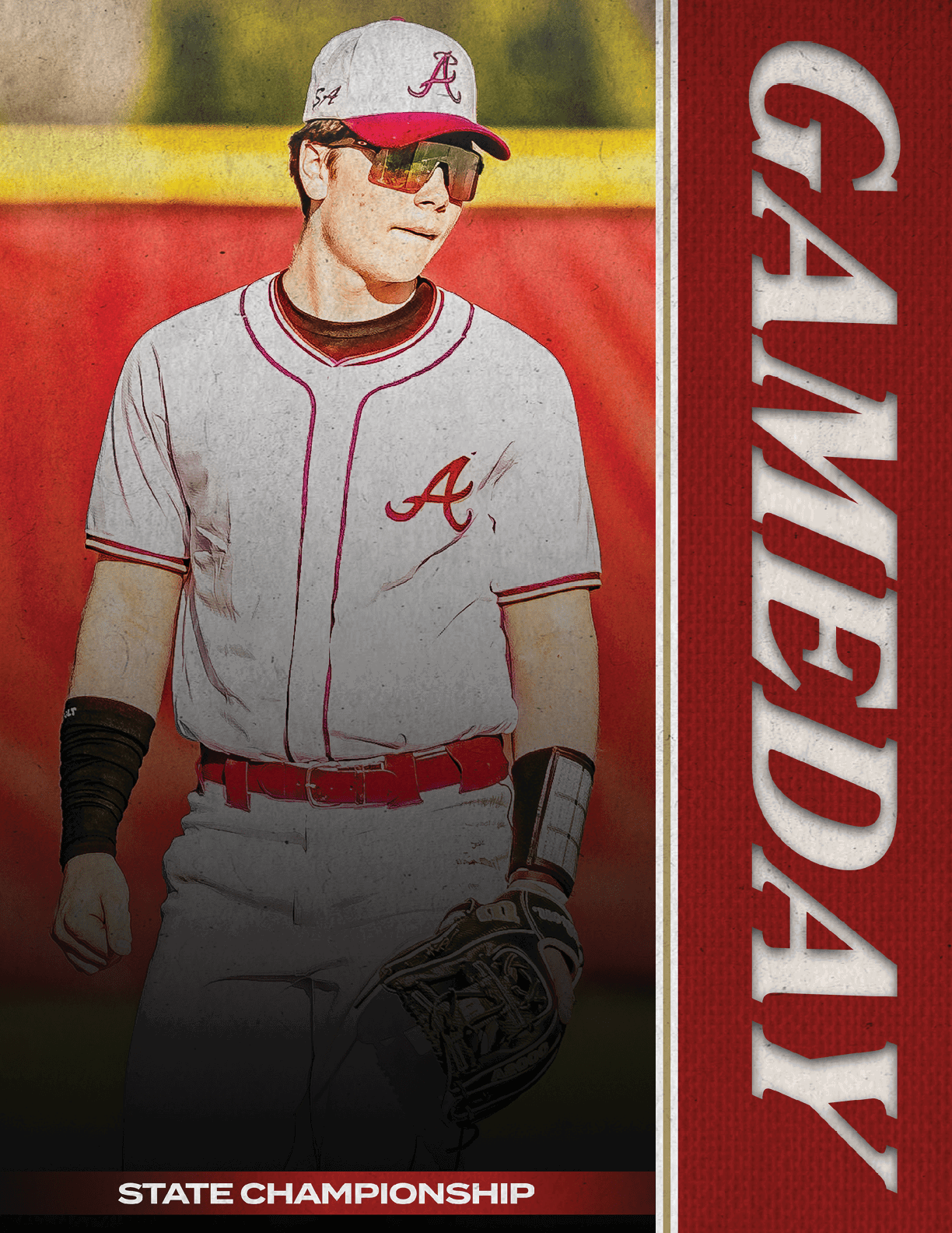 A baseball player wearing a red and white uniform. Description generated by AI